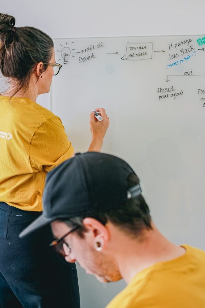Two people collaborating on a whiteboard with notes